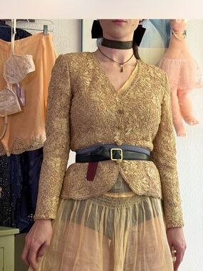 Vintage 90s Tailored Gold Lace Button Down Top Small